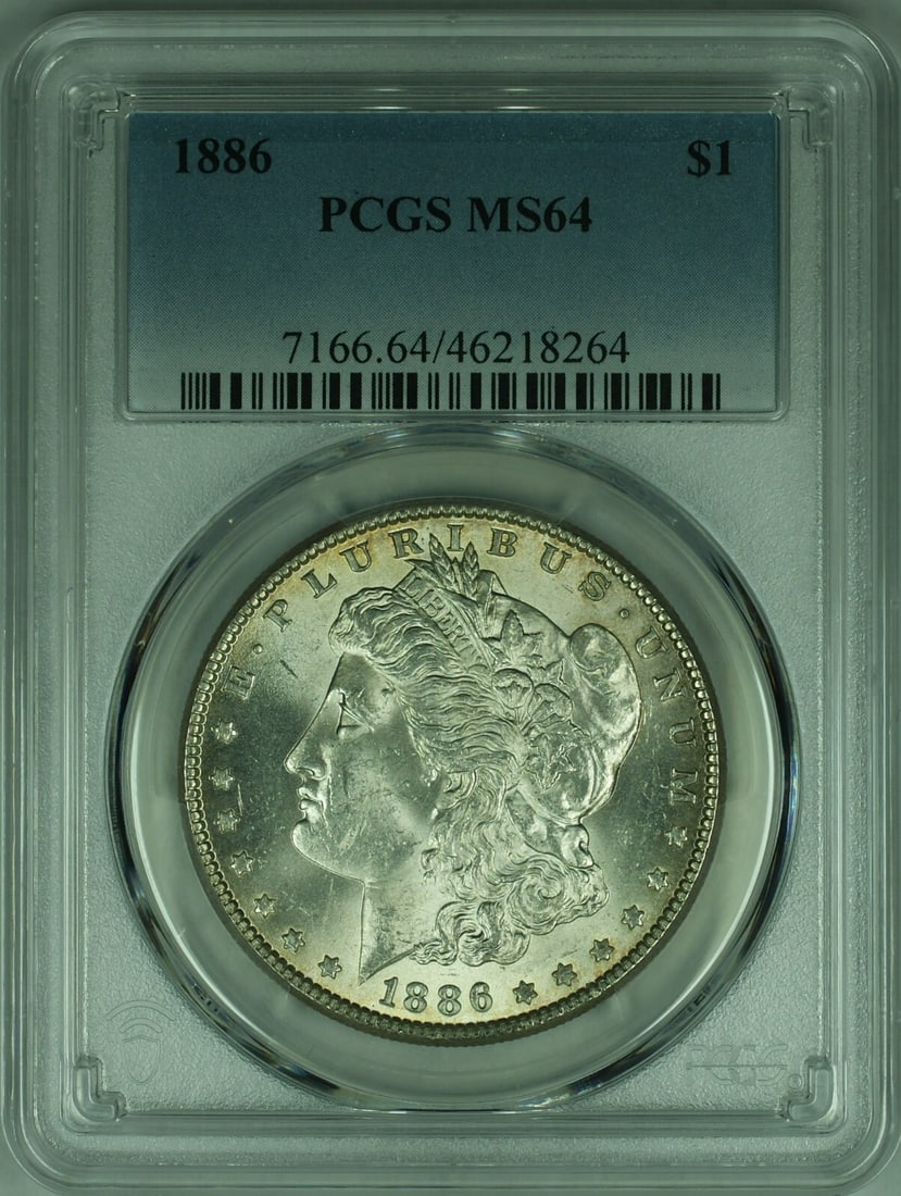 PCGS MS-64 Certified 1886 Morgan Dollar Philadelphia Silver Coin: PCGS MS-64 Certified 1886 Morgan Dollar Philadelphia Silver Coin This is an 1886 Morgan Silver Dollar coin from the United States, certified by PCGS with a grade of MS-64. The coin is composed of silv