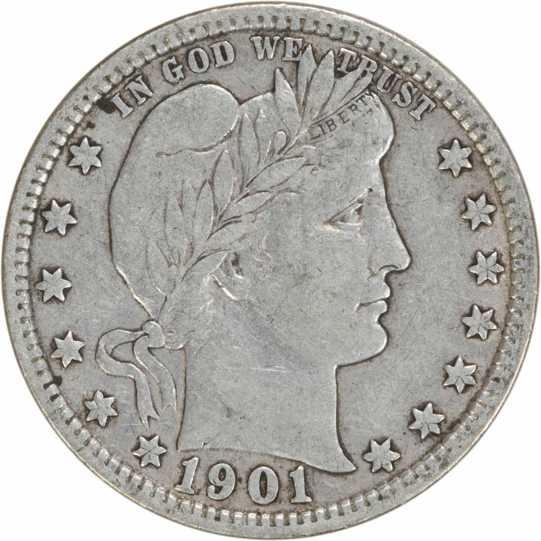 1901 Barber Quarter 25C VF Uncertified 90% Silver Coin: 1901 Barber Quarter 25C VF Uncertified 90% Silver Coin This 1901 Barber Silver Quarter is a great addition for any coin collector. Struck in Philadelphia, this circulated coin features a design by Cha