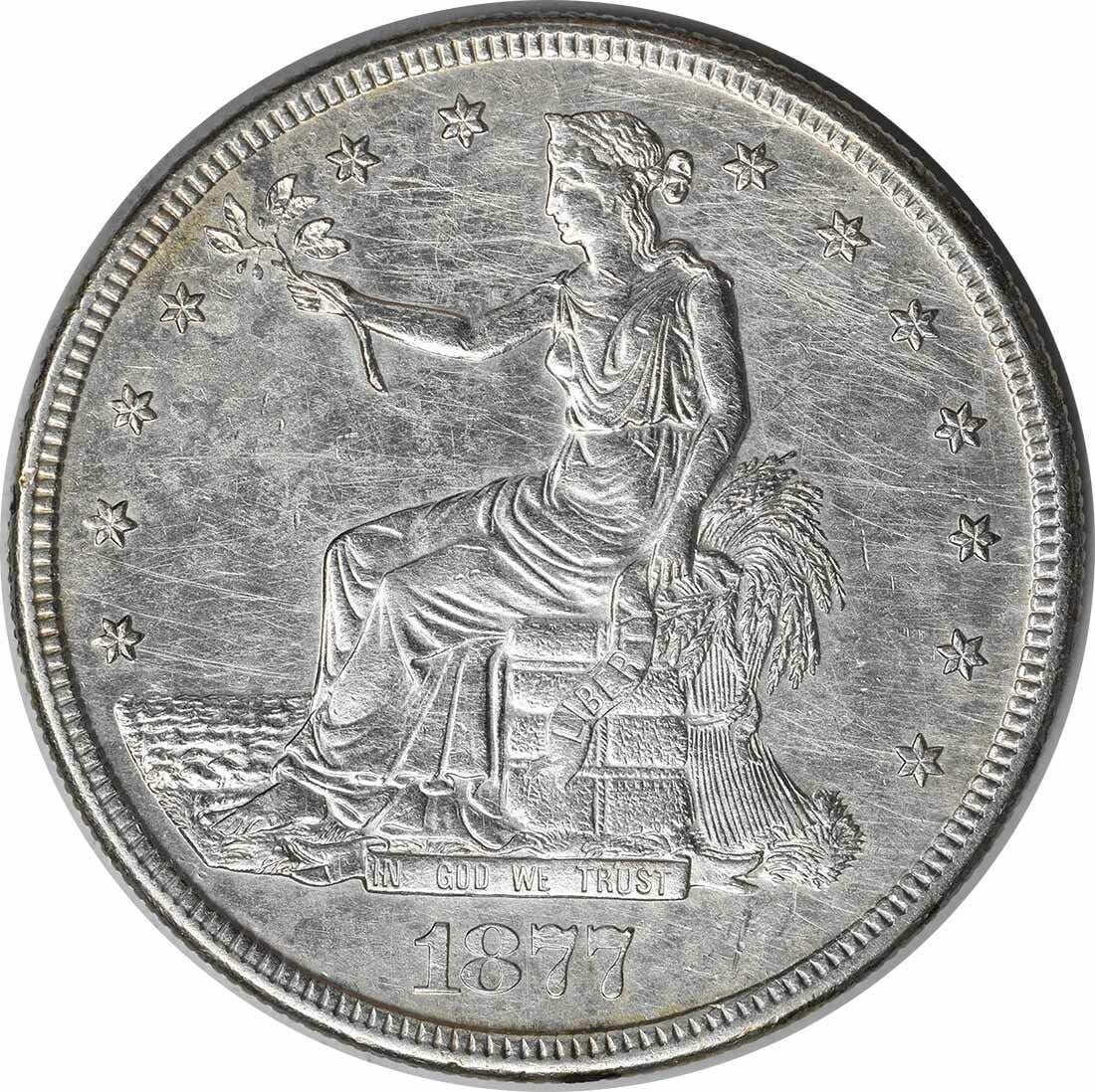 1877-S Trade Silver Dollar AU 90% Silver San Francisco: 1877-S Trade Silver Dollar AU 90% Silver San Francisco The 1877-S Trade Silver Dollar is a stunning example of American numismatic history, featuring a design by William Barber. This circulated coin, 