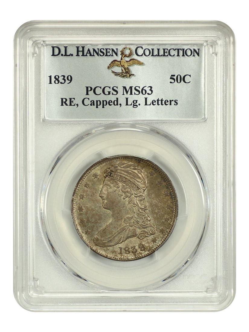 1839 Capped Bust Half Dollar PCGS MS63 Reeded Edge Large Letters: 1839 Capped Bust Half Dollar PCGS MS63 Reeded Edge Large Letters This 1839 Capped Bust Half Dollar is graded MS63 by PCGS, showcasing remarkable uncirculated quality. The coin features champagne-toned