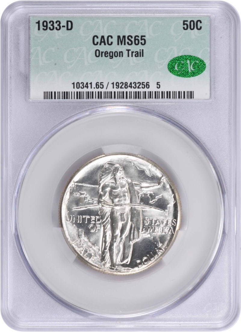 1933-D Denver Half Dollar CACG MS65 Oregon Commemorative Silver Coin: 1933-D Denver Half Dollar CACG MS65 Oregon Commemorative Silver Coin This 1933-D Oregon Commemorative Half Dollar is a United States coin certified by CACG and graded MS65. Struck at the Denver Mint, 