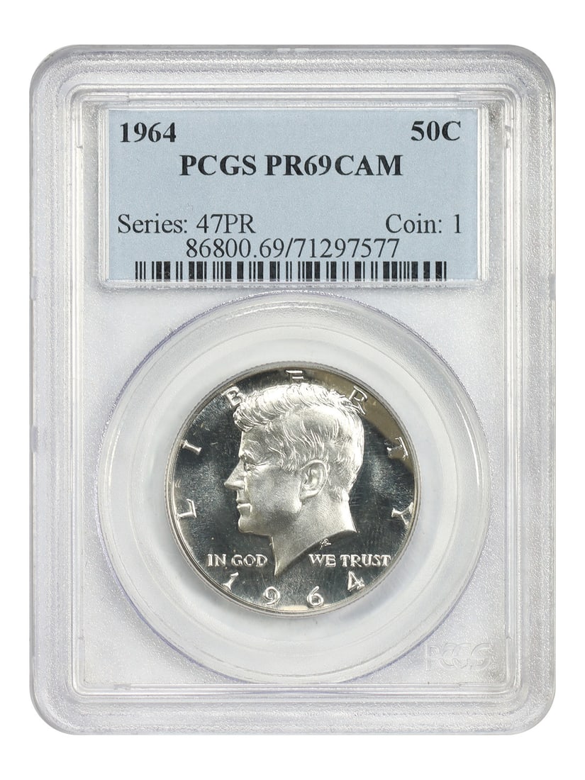 PCGS PR69CAM Kennedy Half Dollar 1964 Philadelphia Proof: PCGS PR69CAM Kennedy Half Dollar 1964 Philadelphia Proof This is a 1964 Kennedy Half Dollar graded PR69CAM by PCGS. Featuring a proof strike and cameo designation, this uncirculated coin was minted in