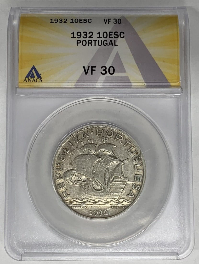 1932 Silver 10 Escudos Portugal Coin Certified ANACS VF 30: 1932 Silver 10 Escudos Portugal Coin Certified ANACS VF 30 This 1932 Portugal 10 Escudos coin is certified by ANACS with a grade of VF 30. Made of silver, the coin has been circulated and is in pre-ow