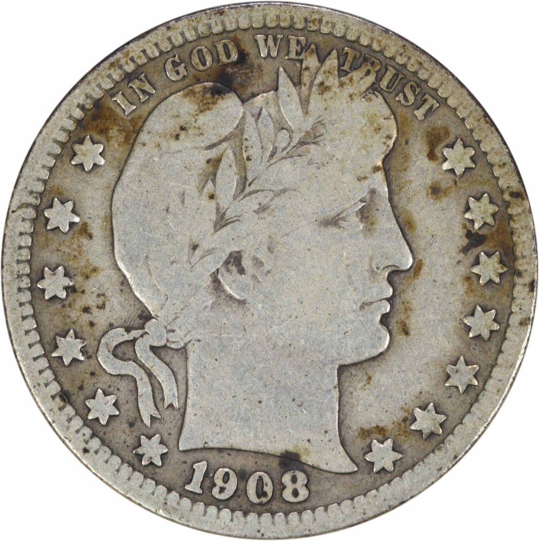 1908-S Barber Quarter 90% Silver VG Uncertified: 1908-S Barber Quarter 90% Silver VG Uncertified This 1908-S Barber Silver Quarter showcases a beautiful design by Charles E. Barber, representing a significant piece of American numismatic history. Mi