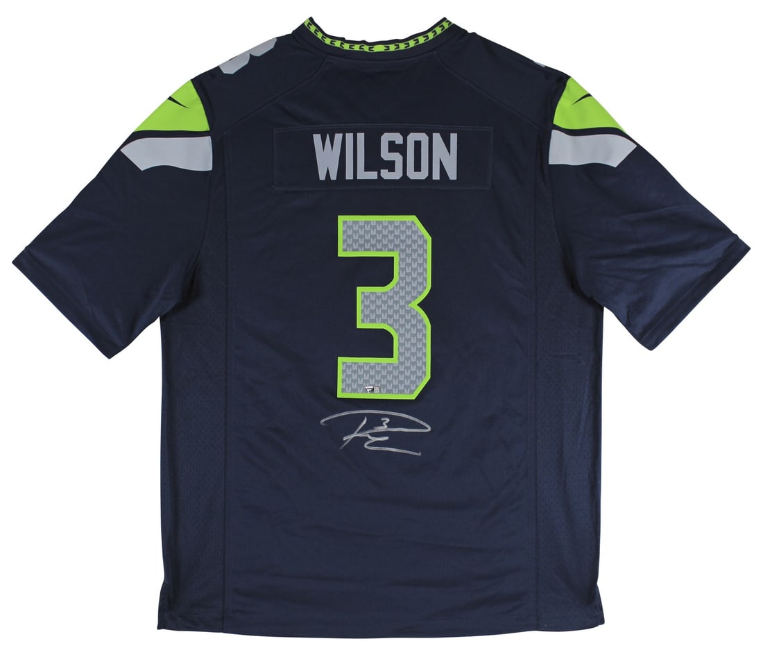 Russell Wilson Signed Seahawks Navy Nike Jersey Fanatics Authenticated: Russell Wilson Signed Seahawks Navy Nike Jersey Fanatics Authenticated This navy blue Nike jersey is an original Seattle Seahawks jersey personally signed by Russell Wilson. The autograph is authentic