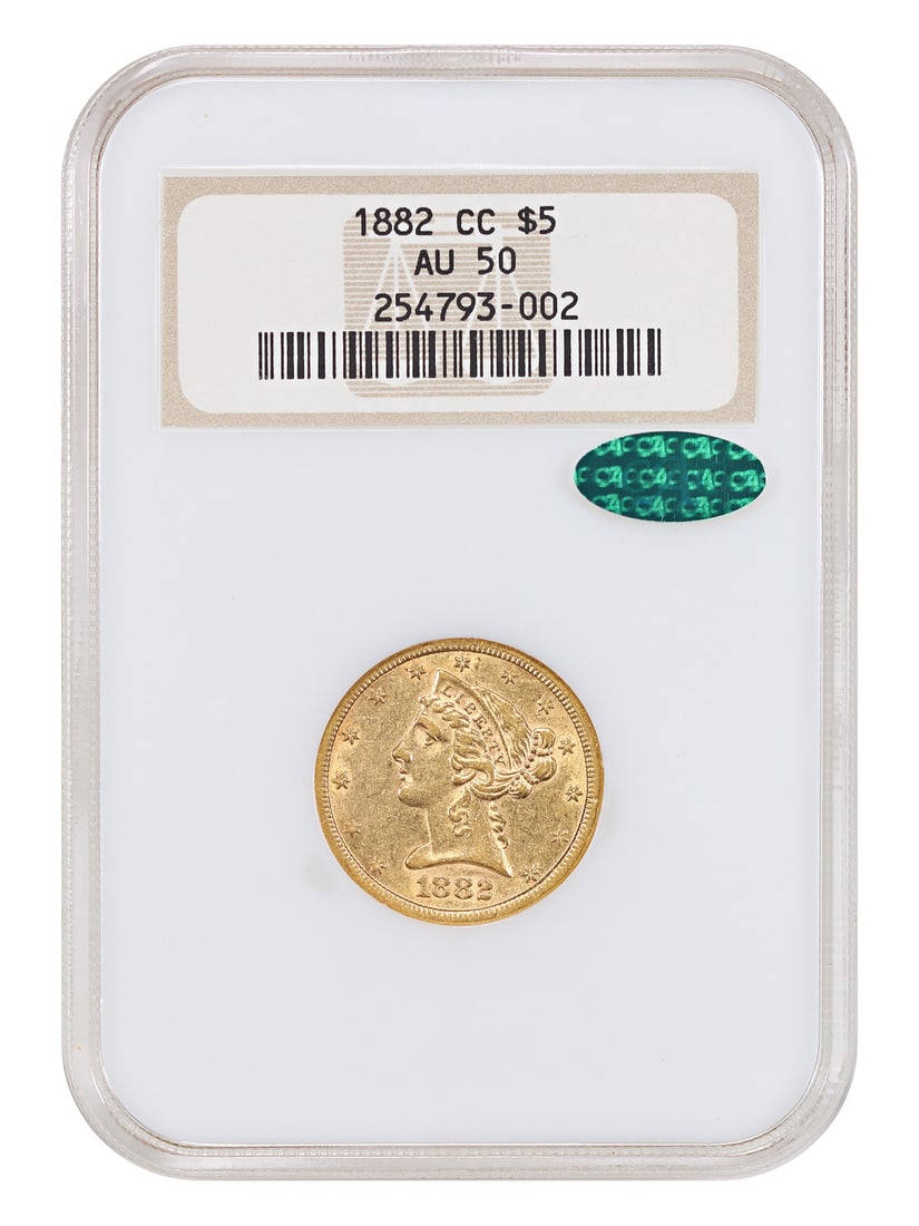 Carson City 1882 Liberty Head $5 Gold NGC CAC AU50 Old Holder: Carson City 1882 Liberty Head $5 Gold NGC CAC AU50 Old Holder This is an 1882-CC Liberty Head $5 Half Eagle gold coin, graded AU50 by NGC and approved by CAC. Minted in Carson City, this coin is a sou