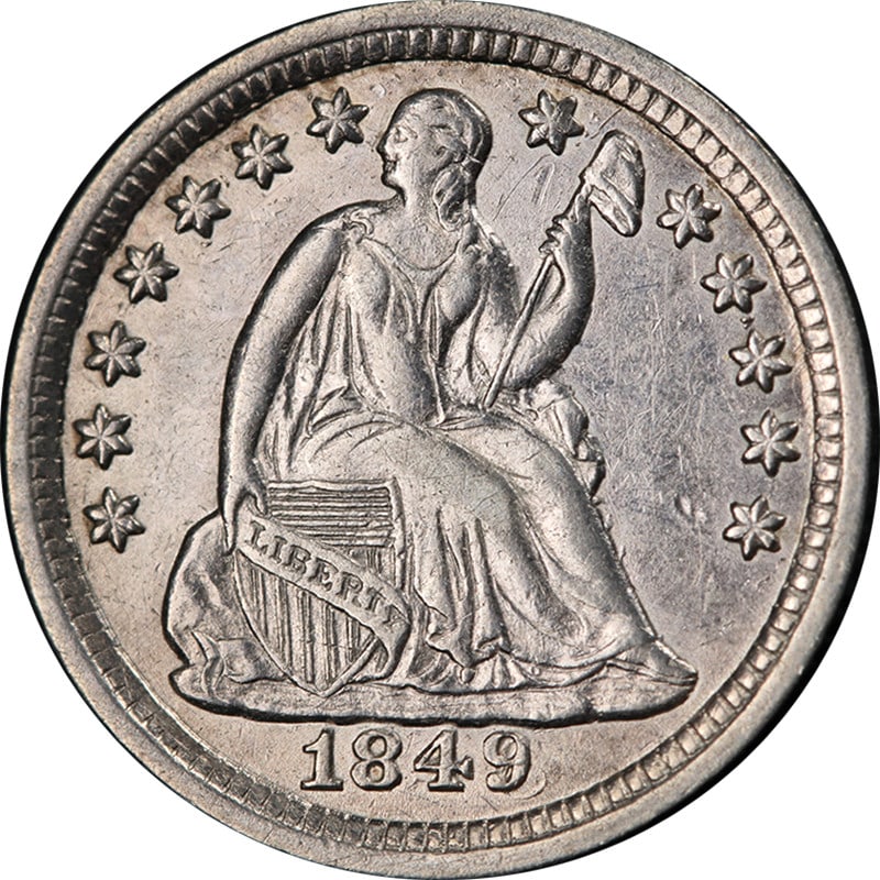 1849 Over 6 Seated Liberty Half Dime Silver AU Plus United States: 1849 Over 6 Seated Liberty Half Dime Silver AU Plus United States This 1849/6 Seated Liberty Half Dime features a strong strike and attractive luster, with appealing color and well-preserved surfaces.