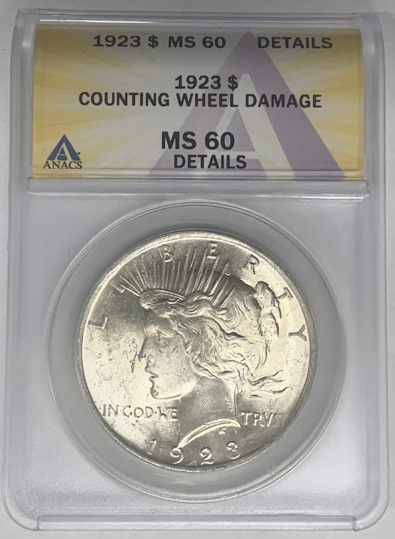 1923 Peace Dollar Silver Coin Certified MS 60 by ANACS: 1923 Peace Dollar Silver Coin Certified MS 60 by ANACS This is a 1923 Peace Silver Dollar coin from the United States, featuring an uncirculated condition. Certified by ANACS with a grade of MS 60, th