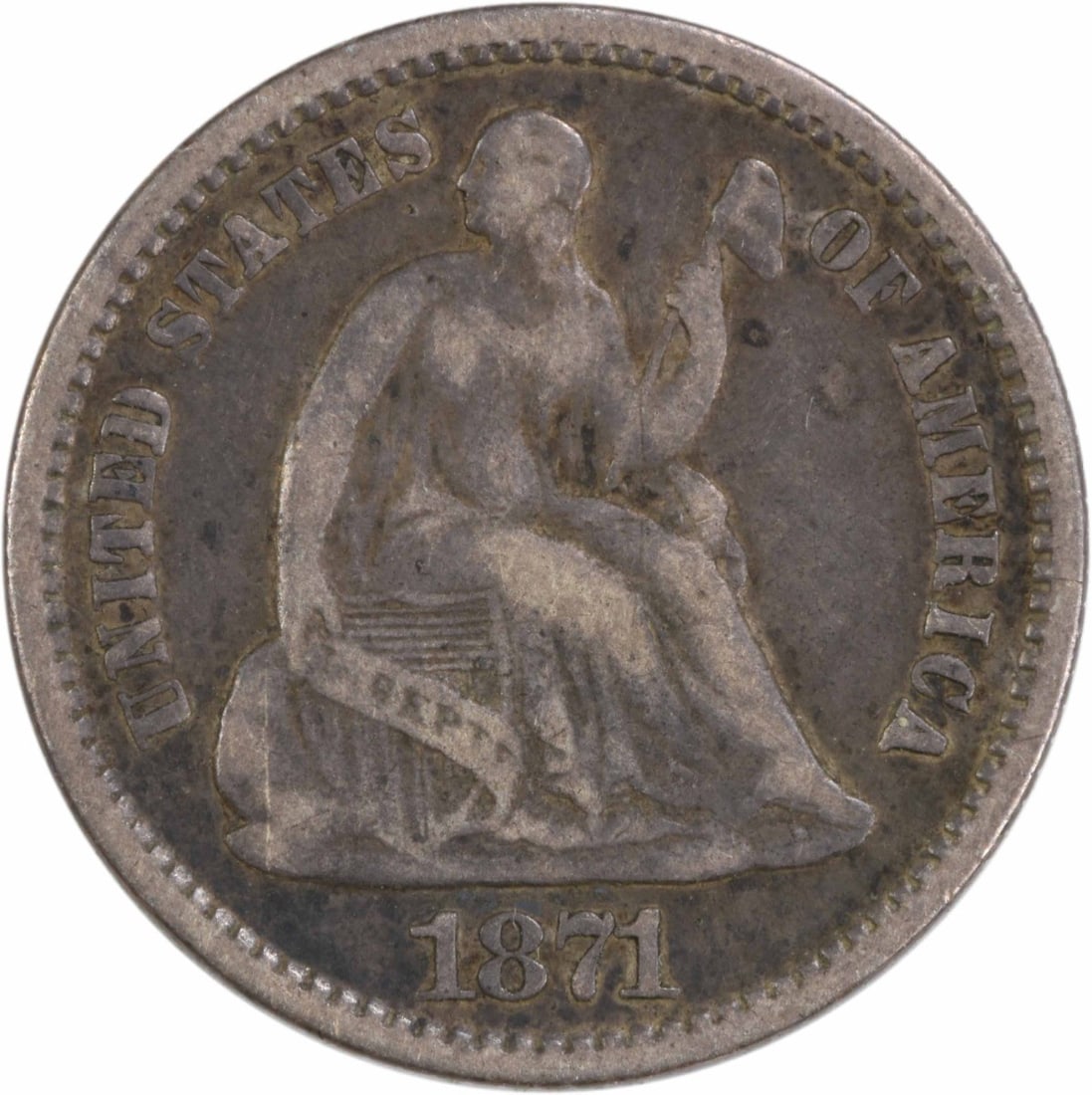 1871 Liberty Seated Half Dime 90% Silver Uncertified EF: 1871 Liberty Seated Half Dime 90% Silver Uncertified EF This 1871 Liberty Seated Silver Half Dime is a captivating piece of numismatic history. Struck in Philadelphia, this coin features a stunning de
