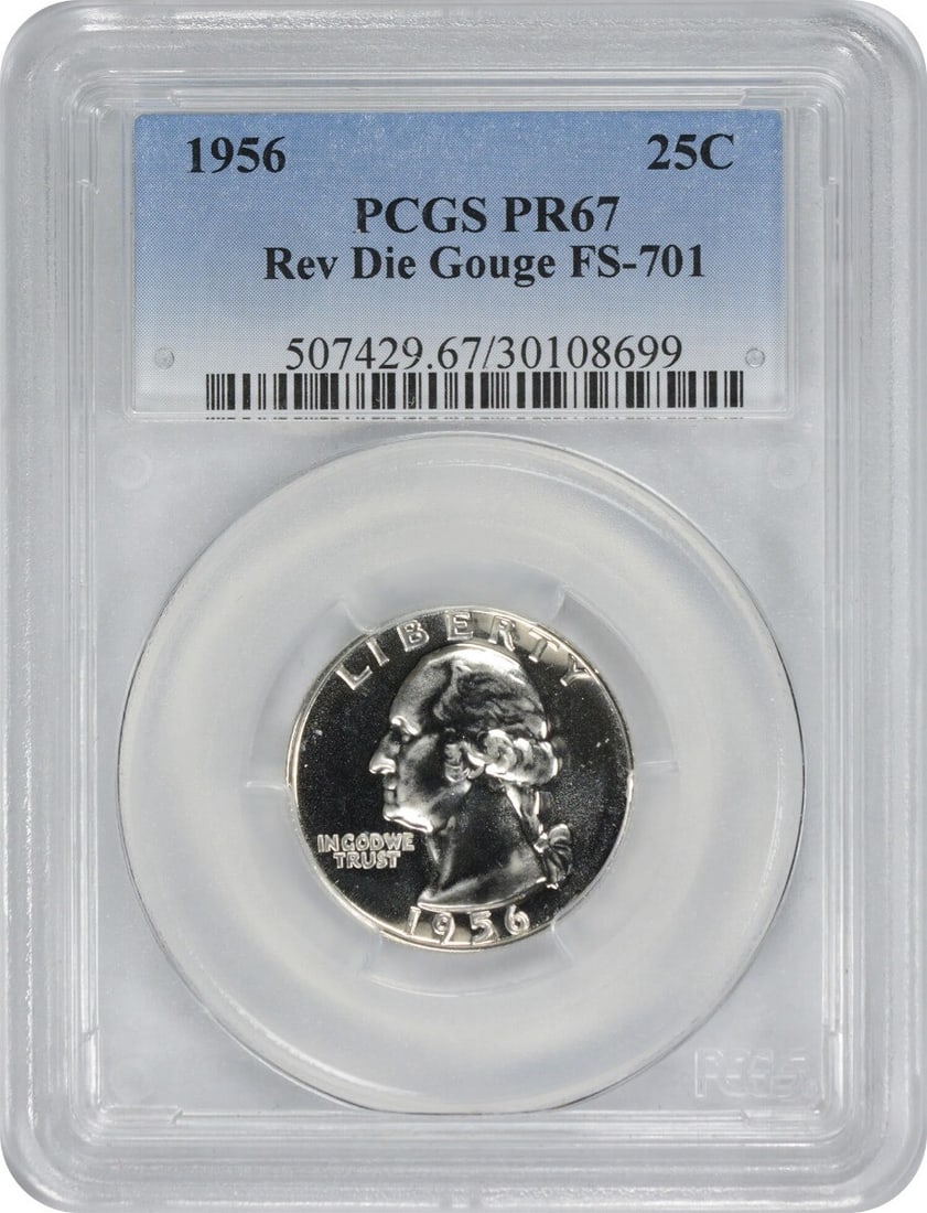 1956 Washington Silver Quarter PR67 PCGS Reverse Die Gouge: 1956 Washington Silver Quarter PR67 PCGS Reverse Die Gouge This 1956 Washington Silver Quarter features a reverse die gouge and is certified by PCGS with a grade of PR67. Struck in Philadelphia, this 