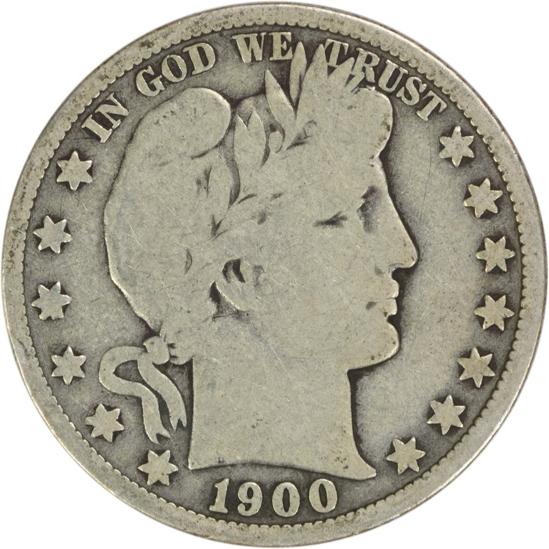 VG 1900 New Orleans Barber Half Dollar Uncertified 90 Percent Silver Coin: VG 1900 New Orleans Barber Half Dollar Uncertified 90 Percent Silver Coin This is a 1900-O Barber Silver Half Dollar struck at the New Orleans Mint. Designed by Charles E. Barber, this circulated coin