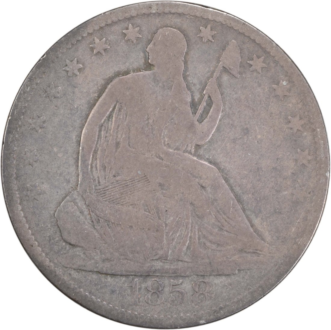 1858-O Liberty Seated Half Dollar 90% Silver Uncertified: 1858-O Liberty Seated Half Dollar 90% Silver Uncertified This 1858-O Liberty Seated Silver Half Dollar is a notable piece from the New Orleans mint, reflecting a rich history in American coinage. The 