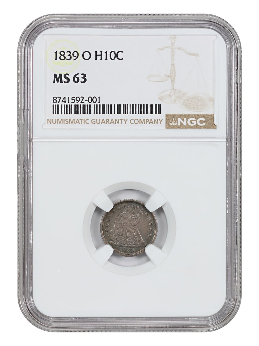 NGC MS63 1839-O Liberty Seated Half Dime No Drapery New Orleans Mint: NGC MS63 1839-O Liberty Seated Half Dime No Drapery New Orleans Mint This 1839-O Liberty Seated Half Dime is certified by NGC with a grade of MS63. It features strong luster beneath deeply developed r