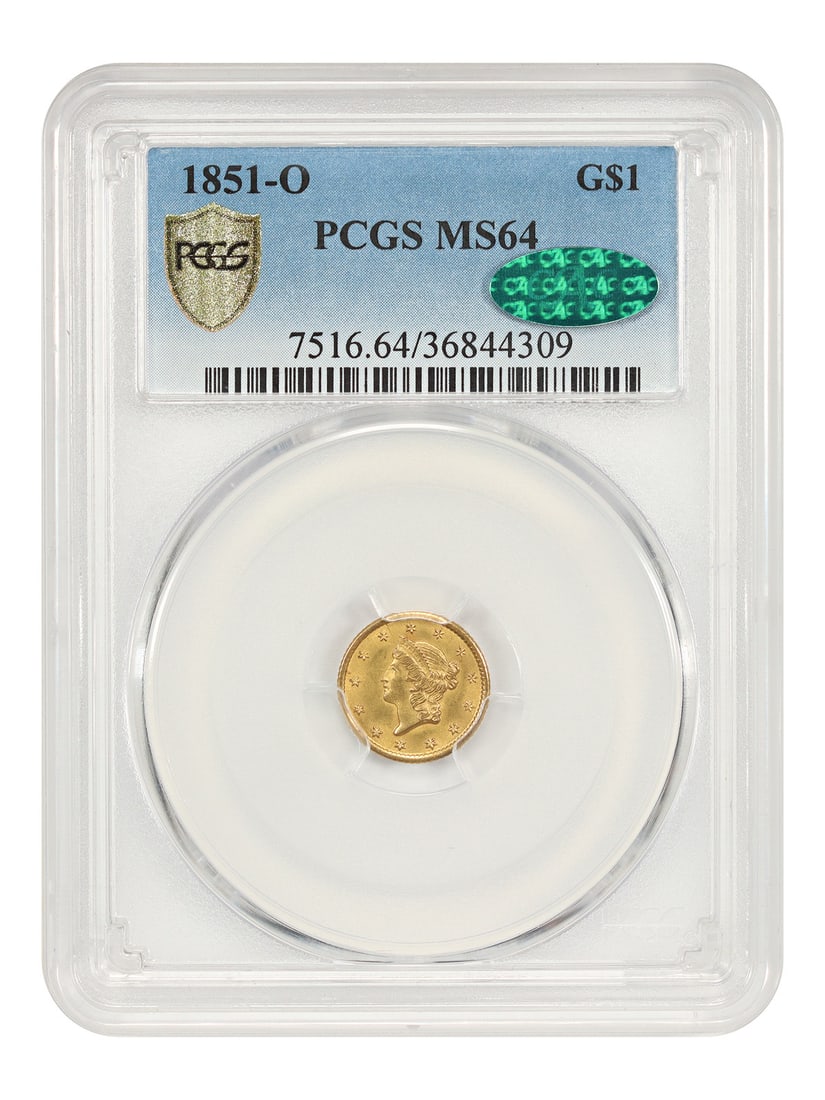 1851-O Gold Dollar PCGS CAC MS64 New Orleans Mint Coin: 1851-O Gold Dollar PCGS CAC MS64 New Orleans Mint Coin This 1851-O Gold Dollar is a highly desirable coin from the New Orleans Mint, graded MS64 by PCGS and approved by CAC. It features a mintage of o