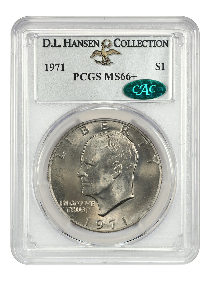 1971 $1 Ike Dollar PCGS MS66+ CAC Approved Rare Gem: 1971 $1 Ike Dollar PCGS MS66+ CAC Approved Rare Gem This 1971 $1 Ike Dollar is certified by PCGS with a grade of MS66+, indicating it is in uncirculated condition. Struck at the Philadelphia Mint, thi