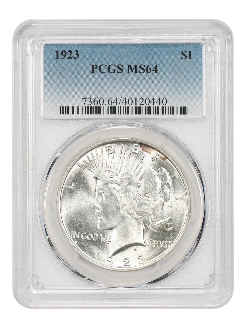 1923 Peace Dollar Uncirculated PCGS MS64 Philadelphia Mint: 1923 Peace Dollar Uncirculated PCGS MS64 Philadelphia Mint This 1923 Peace Dollar is graded MS64 by PCGS and remains uncirculated. Minted in Philadelphia, it features the iconic design of the Peace Do