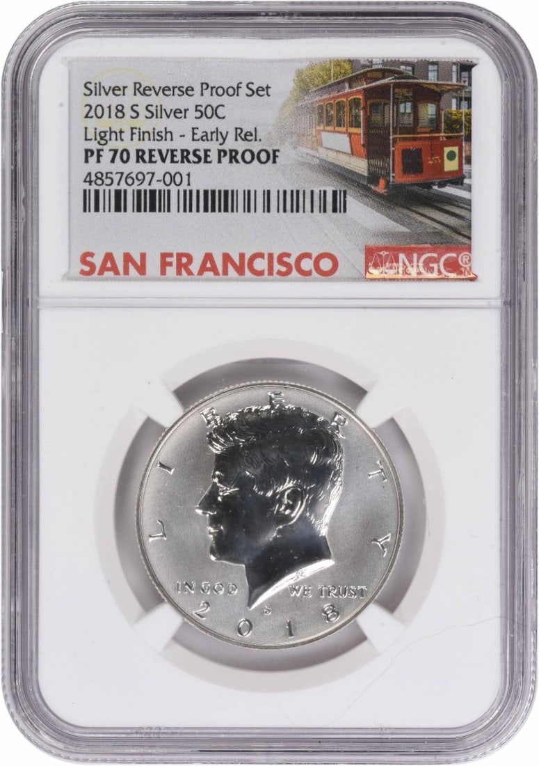 2018 San Francisco Kennedy 90 Percent Silver Proof Half Dollar PR70 Early Release: 2018 San Francisco Kennedy 90 Percent Silver Proof Half Dollar PR70 Early Release This 2018-S Kennedy Silver Half Dollar is a proof coin struck at the San Francisco Mint. Composed of 90% silver and 10