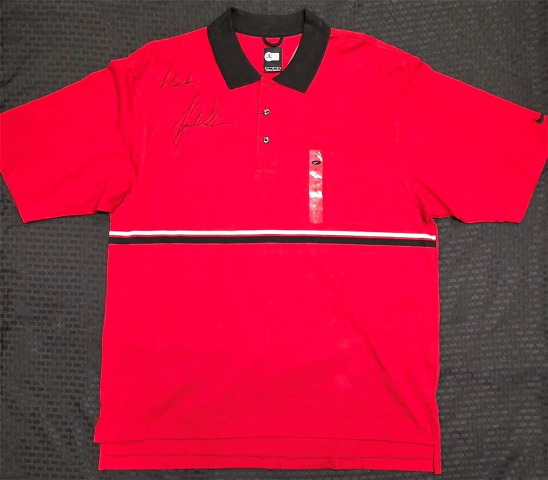 Nike red golf shirt autographed by Tiger Woods inscribed to Mark Beckett authenticated (1 of 5)
