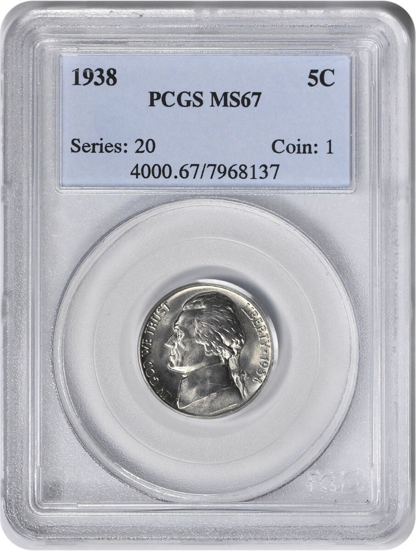 1938 Jefferson Nickel MS67 PCGS Uncirculated 5C: 1938 Jefferson Nickel MS67 PCGS Uncirculated 5C This 1938 Jefferson Nickel is graded MS67 by PCGS, showcasing its uncirculated condition. Minted in Philadelphia, this coin features a classic design by