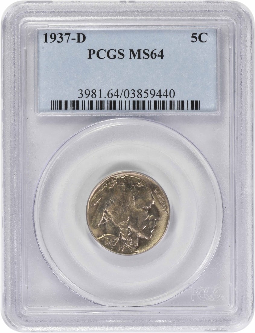 Buffalo Five Cent Coin 1937 D MS64 Graded by PCGS: Buffalo Five Cent Coin 1937 D MS64 Graded by PCGS This 1937-D Buffalo Nickel is graded MS64 by PCGS and remains in uncirculated condition. The coin is composed of nickel and was minted in Denver. It i