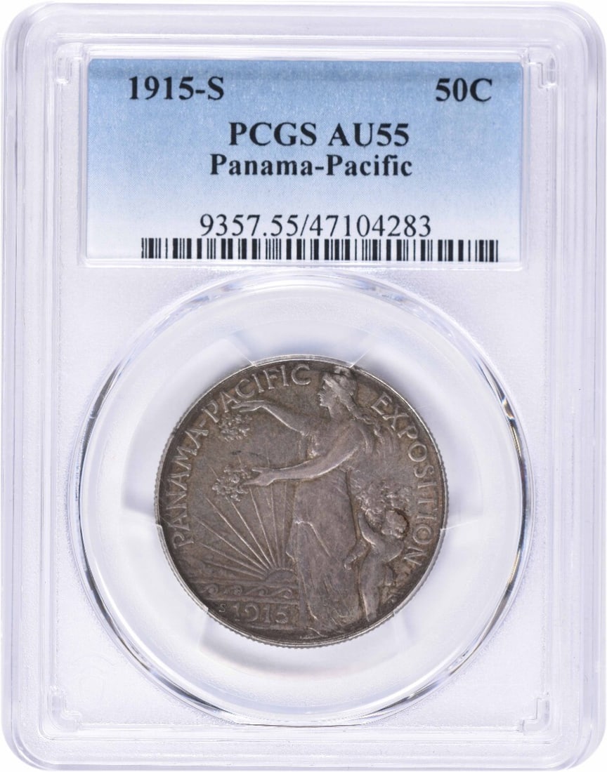 1915-S Panama-Pacific Commemorative Silver Half Dollar AU55 PCGS: 1915-S Panama-Pacific Commemorative Silver Half Dollar AU55 PCGS This 1915-S Panama-Pacific Commemorative Silver Half Dollar is a remarkable piece of numismatic history, certified by PCGS with an AU55