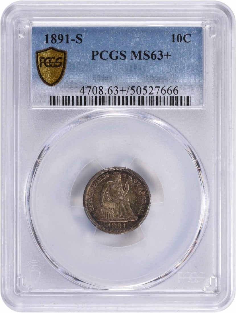 1891-S Liberty Seated Silver Dime MS63+ PCGS Certified: 1891-S Liberty Seated Silver Dime MS63+ PCGS Certified This 1891-S Liberty Seated Silver Dime is certified by PCGS with a grade of MS63+. Struck at the San Francisco mint, this uncirculated coin repre