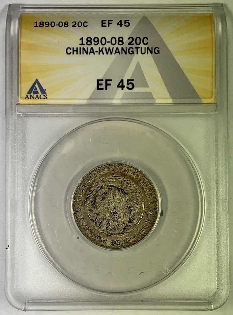 ANACS XF 45 Graded 1890 Kwangtung 20 Cent Coin from China: ANACS XF 45 Graded 1890 Kwangtung 20 Cent Coin from China This is a 20 Cent coin from the Kwangtung province of China, minted in 1890 during the Empire period. It has been certified by ANACS with a gr