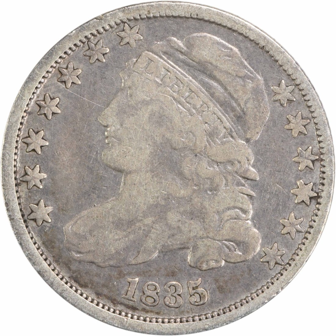 1835 Capped Bust Silver Dime 10C Philadelphia Uncertified: 1835 Capped Bust Silver Dime 10C Philadelphia Uncertified This 1835 Bust Silver Dime is a captivating piece of American numismatic history. Struck in Philadelphia, this coin features the iconic Capped