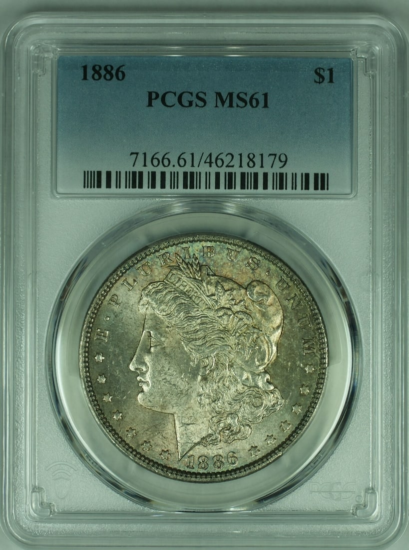 PCGS MS-61 1886 Morgan Silver Dollar with Toning: PCGS MS-61 1886 Morgan Silver Dollar with Toning This 1886 Morgan Silver Dollar is certified by PCGS with a grade of MS-61 and displays attractive toning. The coin was minted in Philadelphia and is co
