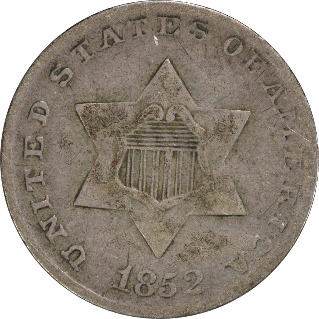 1852 Three Cent Silver Coin Uncertified Philadelphia Mint: 1852 Three Cent Silver Coin Uncertified Philadelphia Mint This 1852 Three Cent Silver coin, minted in Philadelphia, is a remarkable piece of United States numismatic history. Classified as a grade F, 