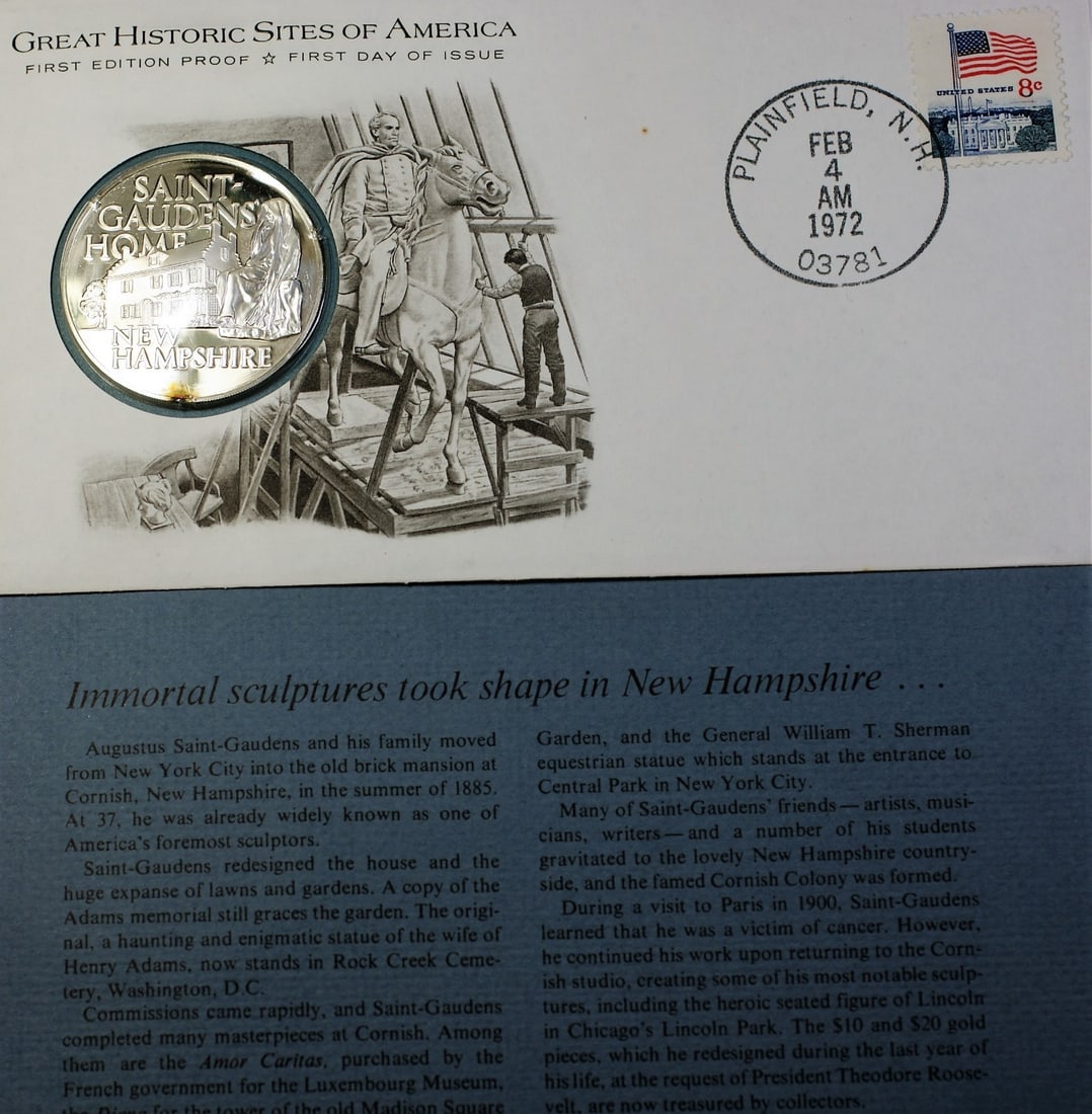 1972 Proof Sterling Silver Medal New Hampshire Historic Sites First Day Cover: 1972 Proof Sterling Silver Medal New Hampshire Historic Sites First Day Cover This 1972 Augustus Saint Gaudens New Hampshire Great Historic Sites medal is a proof specimen struck in sterling silver by