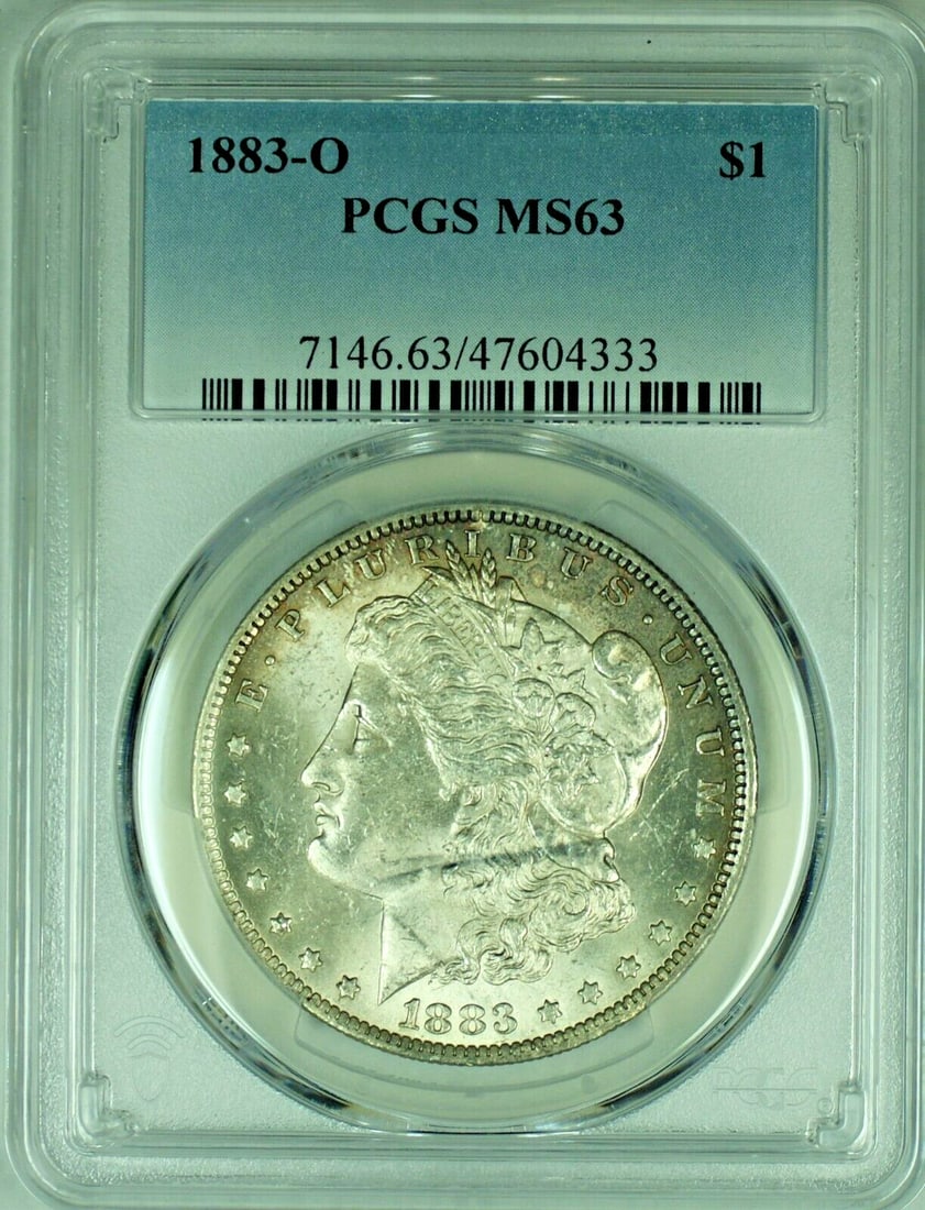 PCGS MS 63 1883-O Morgan Silver Dollar with Toning: PCGS MS 63 1883-O Morgan Silver Dollar with Toning This is an 1883-O Morgan Silver Dollar from the United States, graded MS 63 by PCGS. The coin features attractive toning and remains in uncirculated 
