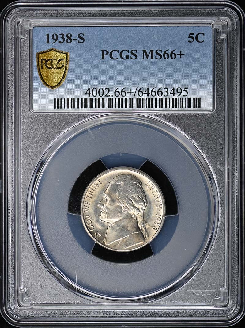 PCGS MS66 Plus Jefferson Nickel 1938 San Francisco Mint Uncirculated: PCGS MS66 Plus Jefferson Nickel 1938 San Francisco Mint Uncirculated This is a 1938-S Jefferson Nickel graded MS66+ by PCGS. The coin is uncirculated and was minted in San Francisco. It is pre-owned a