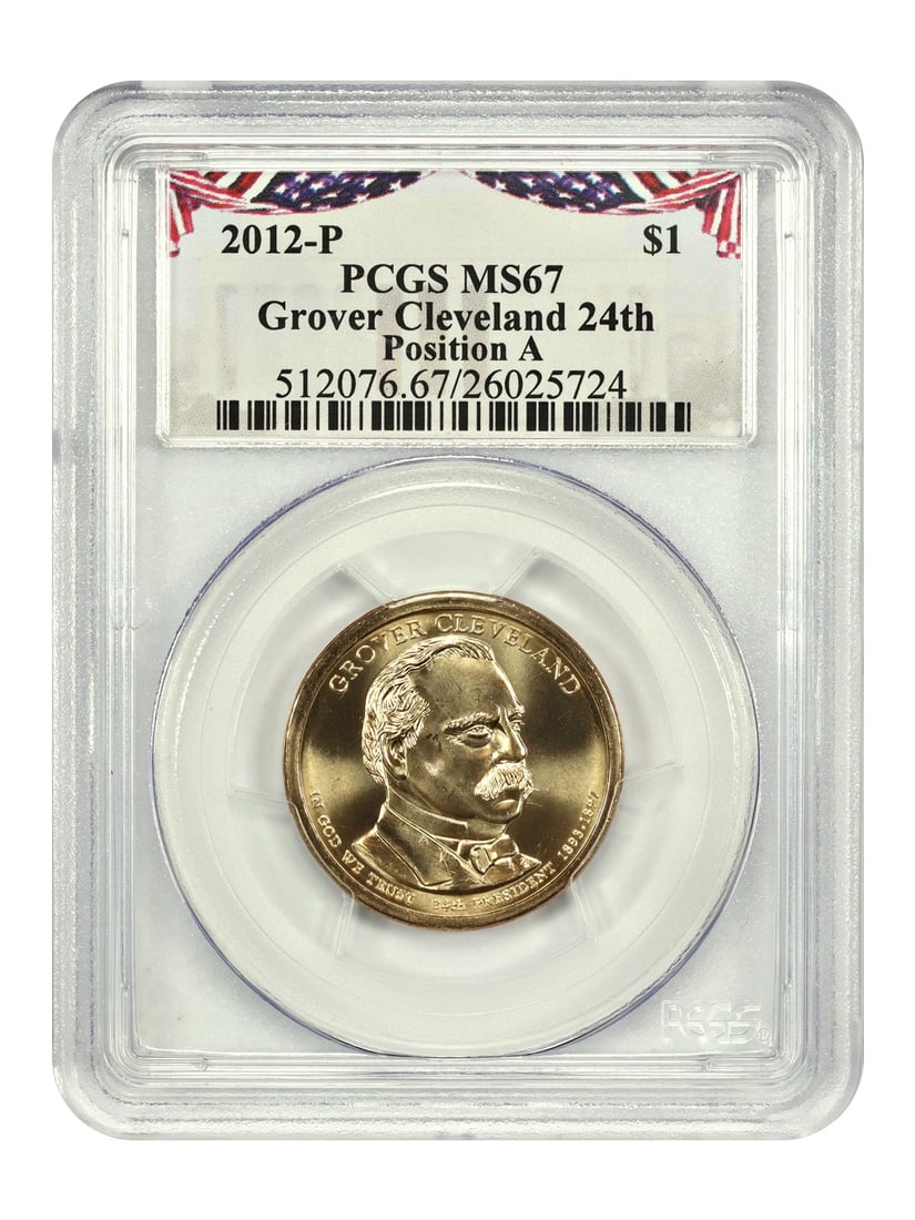 Grover Cleveland 24th 2012-P Presidential Dollar PCGS MS67 Position A: Grover Cleveland 24th 2012-P Presidential Dollar PCGS MS67 Position A This is a 2012-P Grover Cleveland 24th Presidential Dollar, graded MS67 by PCGS and minted in Philadelphia. The coin is uncirculat