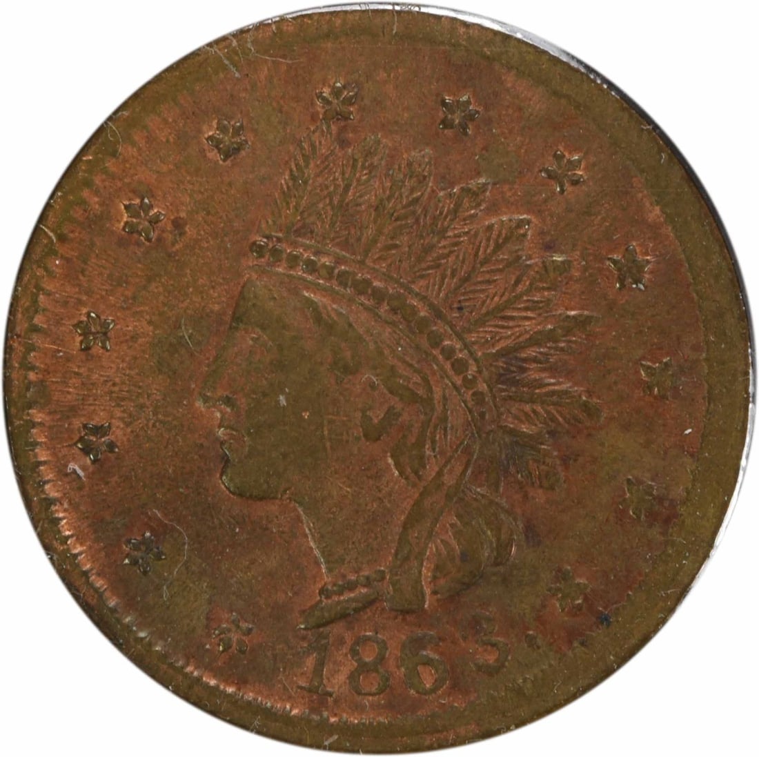 Indian Head 1863 Civil War Patriotic Token AU Grade Uncertified: Indian Head 1863 Civil War Patriotic Token AU Grade Uncertified This is an 1863 Civil War token featuring the Indian Head patriotic design, cataloged as 63/366. The token was issued in the United Stat