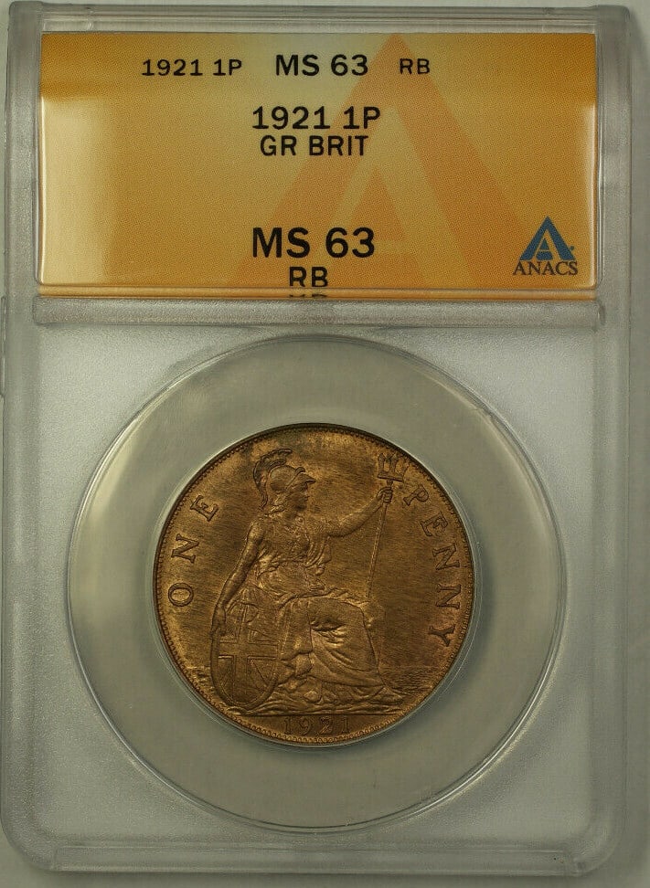 King George V 1921 United Kingdom 1 Penny Copper ANACS MS 63 Red Brown: King George V 1921 United Kingdom 1 Penny Copper ANACS MS 63 Red Brown This is a 1921 Great Britain 1 Penny copper coin featuring King George V. The coin has been certified by ANACS with a grade of MS