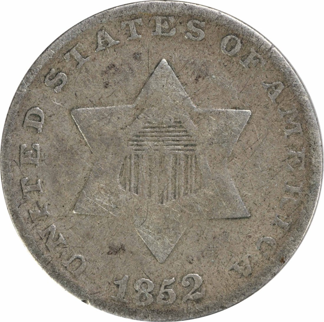 1852 Three Cent Silver Coin Uncertified Philadelphia Mint: 1852 Three Cent Silver Coin Uncertified Philadelphia Mint This 1852 Three Cent Silver coin, minted in Philadelphia, features a classic design by James Barton Longacre. It is composed of 75% silver and