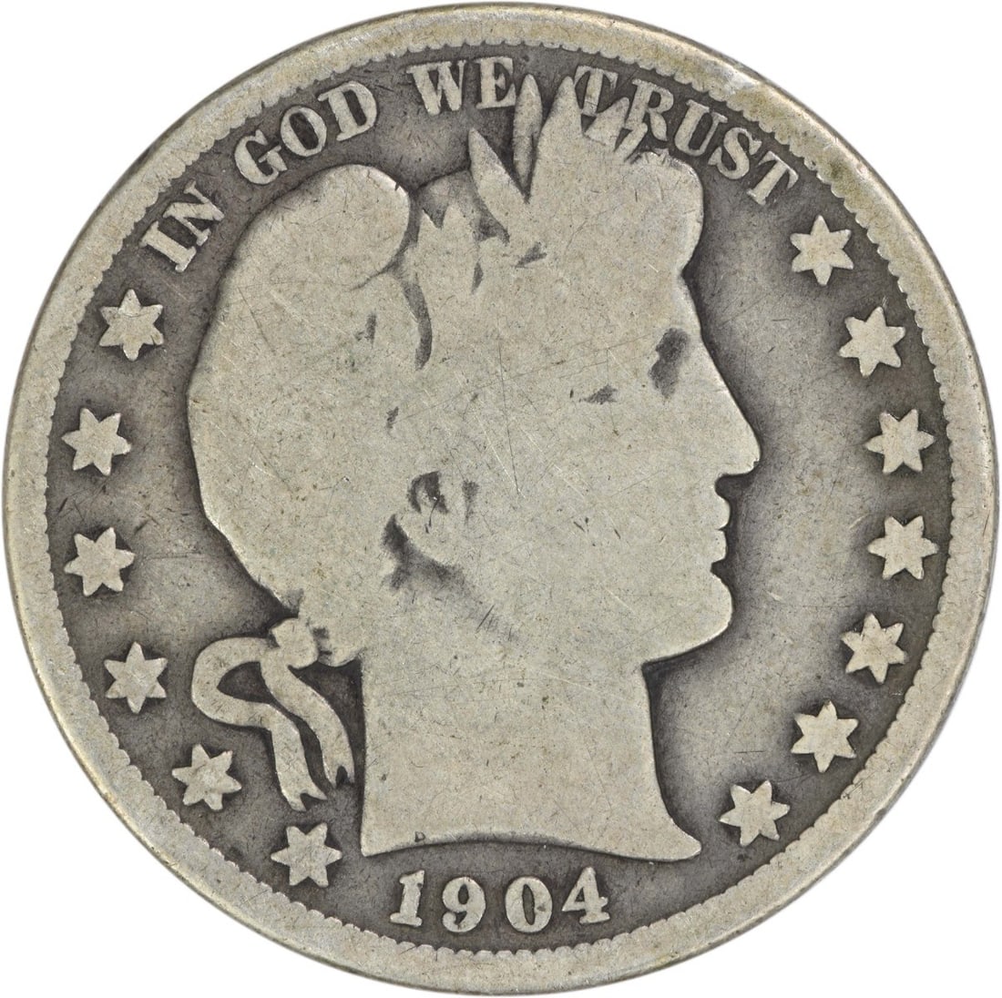 Barber Half Dollar 1904 San Francisco Mint 90 Percent Silver Circulated Coin: Barber Half Dollar 1904 San Francisco Mint 90 Percent Silver Circulated Coin This 1904-S Barber Half Dollar is a circulated United States coin minted in San Francisco. Designed by Charles E. Barber, i