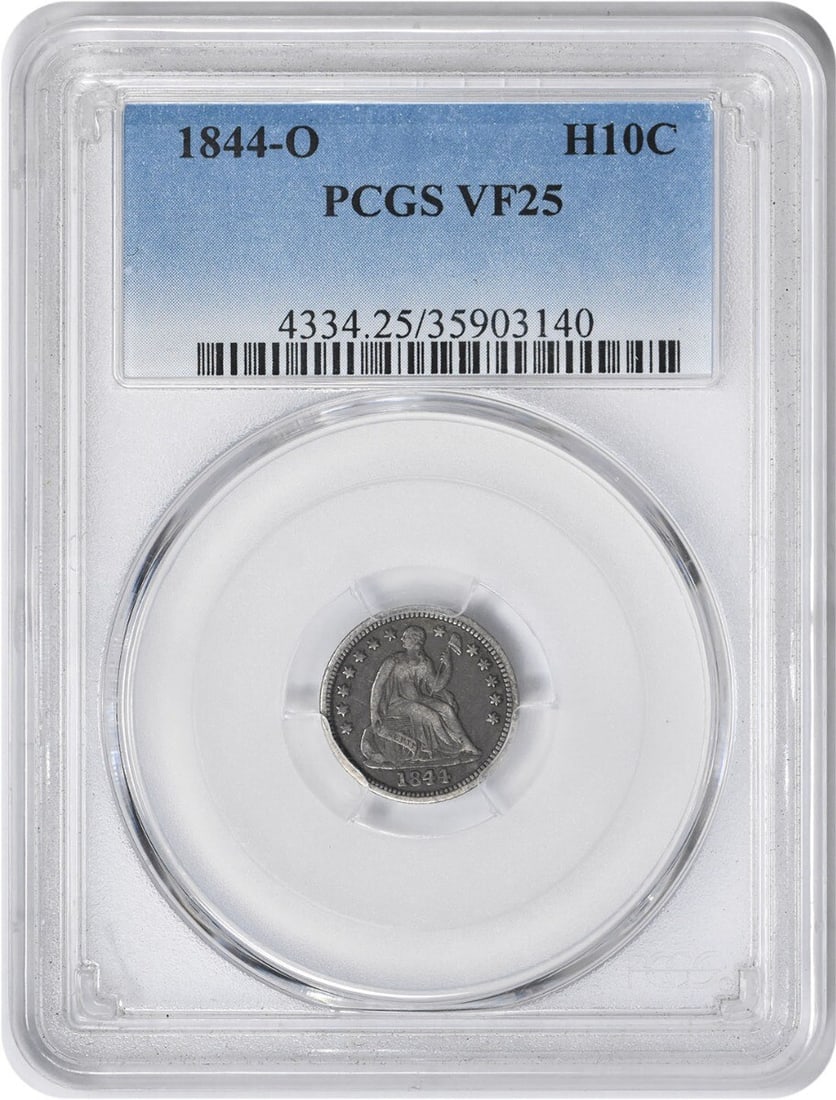 1844-O Liberty Seated Silver Half Dime VF25 PCGS Certified: 1844-O Liberty Seated Silver Half Dime VF25 PCGS Certified This 1844-O Liberty Seated Silver Half Dime is a remarkable collectible piece, certified by PCGS. Struck at the New Orleans mint, this coin i
