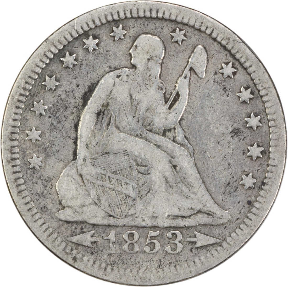 1853 Liberty Seated Silver Quarter VF Uncertified 90% Silver: 1853 Liberty Seated Silver Quarter VF Uncertified 90% Silver This 1853 Liberty Seated Silver Quarter features a striking design that represents a significant piece of American numismatic history. The 
