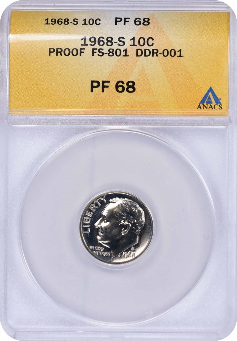 ANACS PF68 1968-S Roosevelt Dime DDR FS-801 Proof 10C: ANACS PF68 1968-S Roosevelt Dime DDR FS-801 Proof 10C This 1968-S Roosevelt Dime features the Double Die Reverse (DDR) FS-801 variety and has been certified by ANACS with a PF68 grade. Struck at the S
