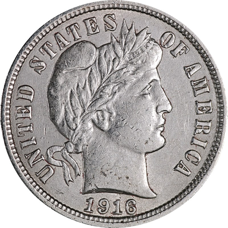 1916 Silver Dime Philadelphia Mint Barber Type United States: 1916 Silver Dime Philadelphia Mint Barber Type United States This is a 1916-P Barber Dime minted in Philadelphia. The coin is composed of silver and is circulated. It is a pre-owned item from the Unit
