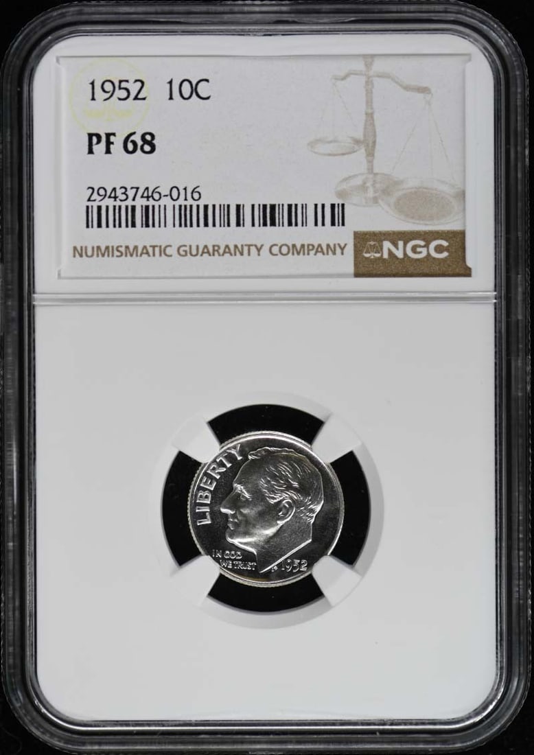 1952 Roosevelt Dime Silver NGC PR68 Proof Coin: 1952 Roosevelt Dime Silver NGC PR68 Proof Coin This 1952 Roosevelt Dime is a stunning example of numismatic artistry, featuring a silver composition and a Proof strike. Graded PR68 by NGC, this uncirc