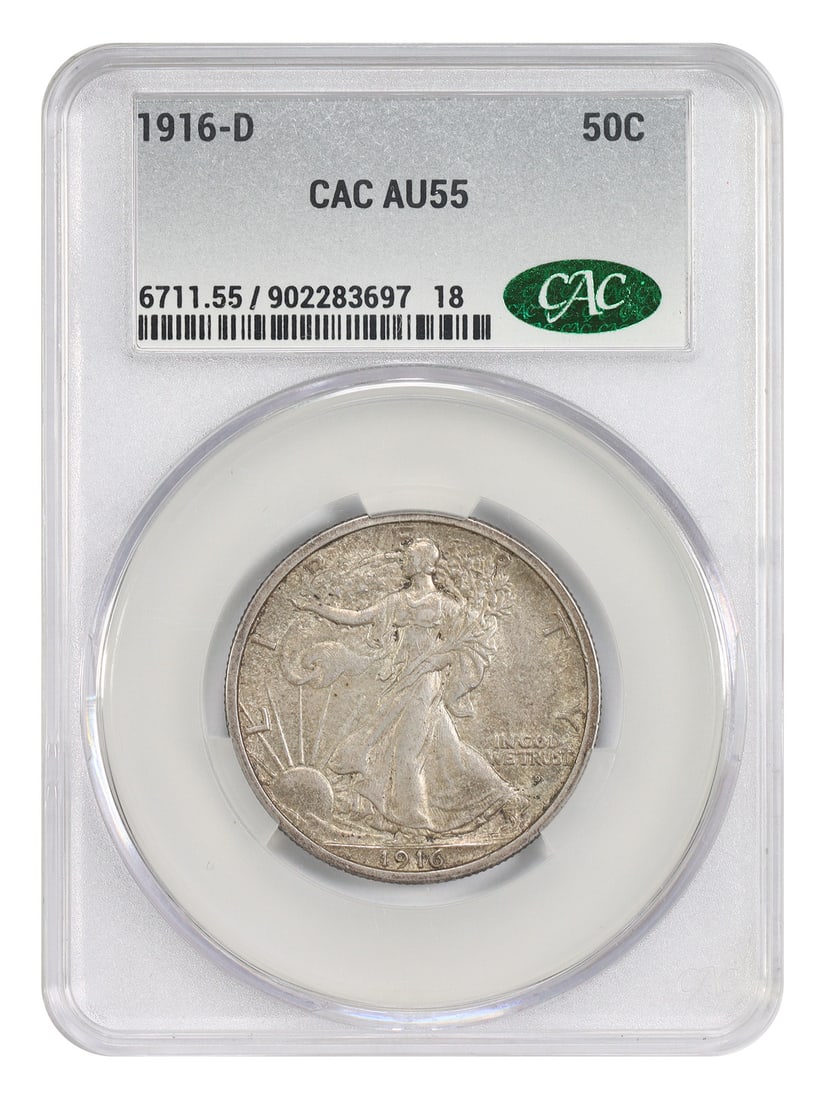 1916 Denver Walking Liberty Half Dollar CACG AU55 First-Year Issue: 1916 Denver Walking Liberty Half Dollar CACG AU55 First-Year Issue This is a 1916-D Walking Liberty Half Dollar, a popular first-year issue from the Denver Mint. Certified by CACG with a grade of AU55