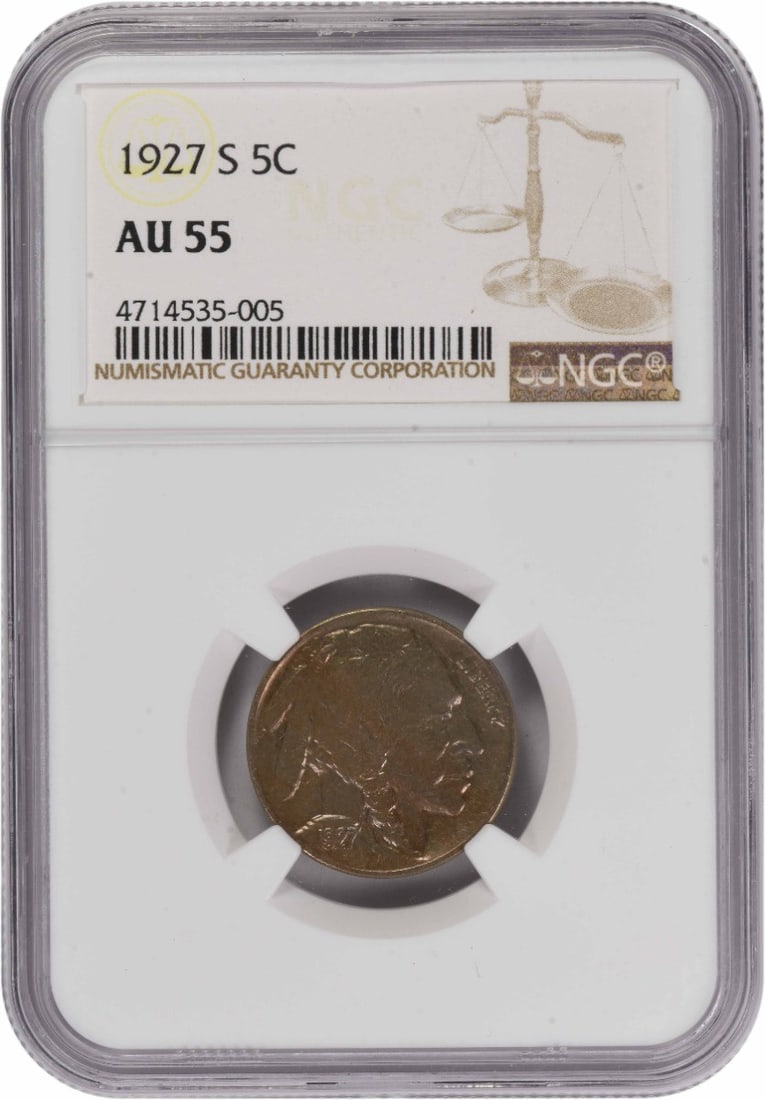 NGC AU55 1927 San Francisco Buffalo Nickel Five Cent Coin: NGC AU55 1927 San Francisco Buffalo Nickel Five Cent Coin This 1927-S Buffalo Nickel is graded AU55 by NGC. Minted in San Francisco, this pre-owned coin features the classic Buffalo design by James Ea