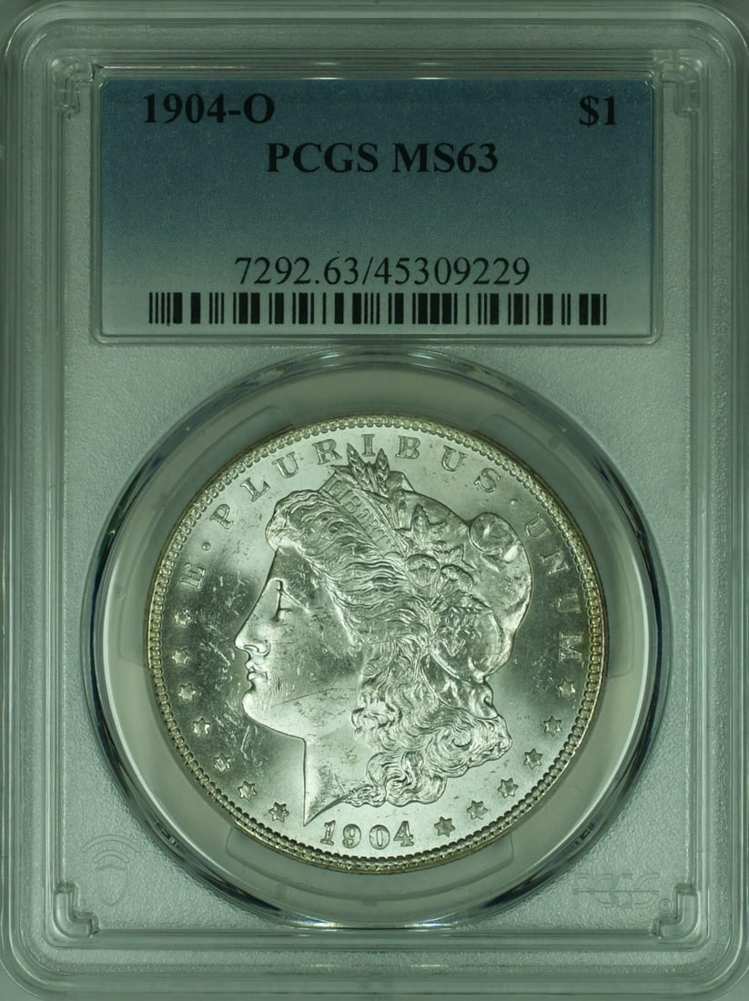 PCGS MS63 1904-O Silver Morgan Dollar from New Orleans Mint: PCGS MS63 1904-O Silver Morgan Dollar from New Orleans Mint This 1904-O Morgan Silver Dollar is certified by PCGS with a grade of MS-63. Minted in New Orleans, this uncirculated coin is composed of si