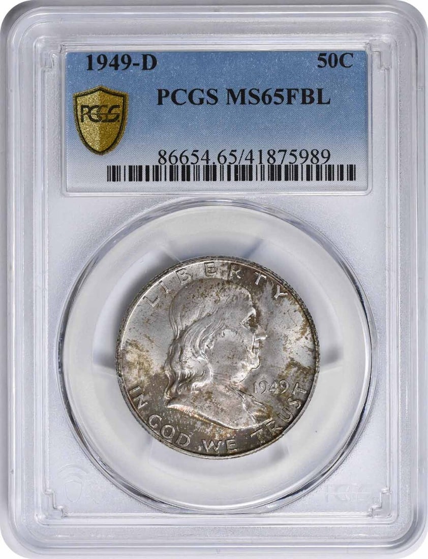 PCGS MS65FBL 1949-D Franklin 90 Percent Silver Half Dollar: PCGS MS65FBL 1949-D Franklin 90 Percent Silver Half Dollar This 1949-D Franklin Half Dollar is a 50-cent coin from the United States, minted in Denver. Graded MS65FBL by PCGS, it is composed of 90% si