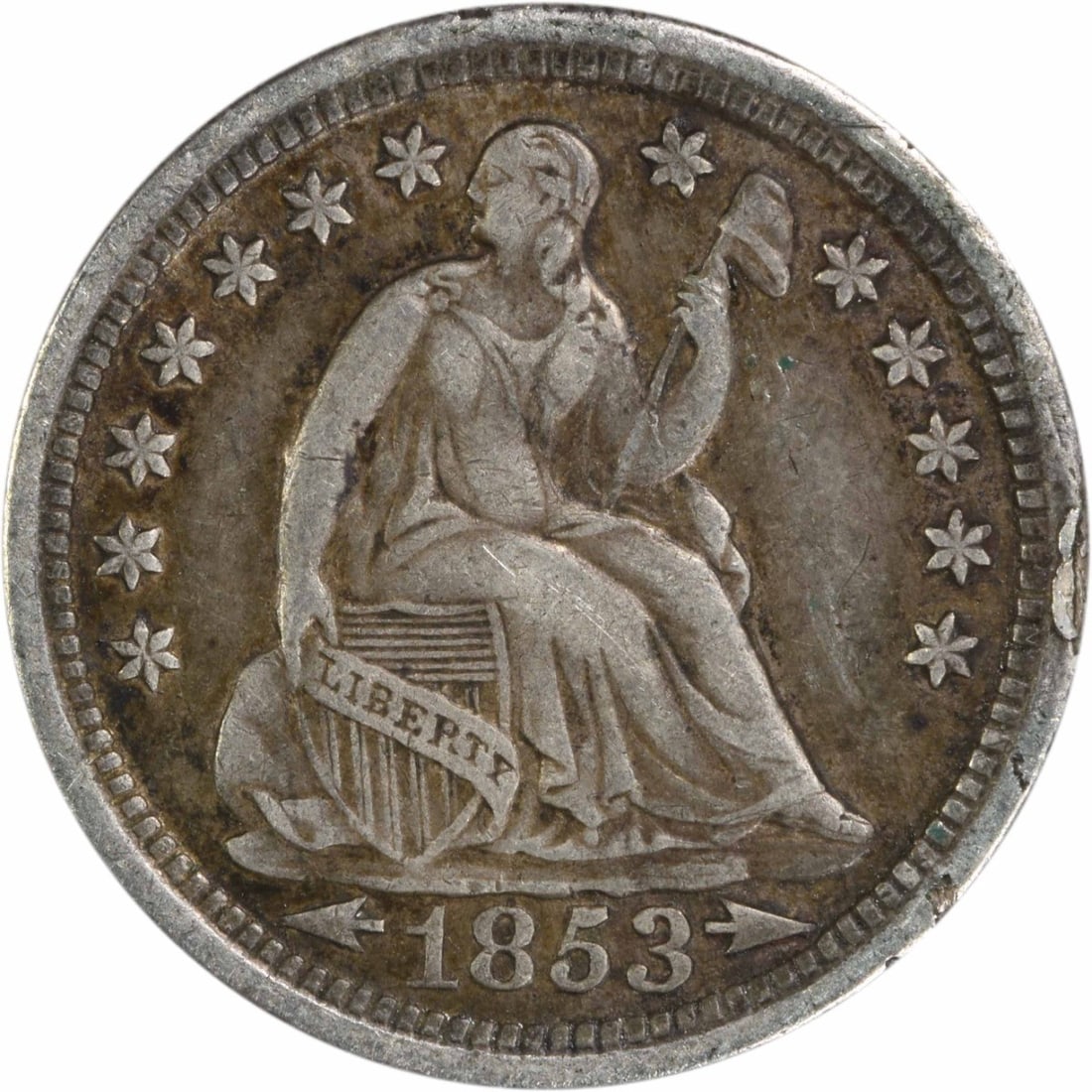 1853 Liberty Seated Half Dime 90% Silver Uncertified: 1853 Liberty Seated Half Dime 90% Silver Uncertified This 1853 Liberty Seated Silver Half Dime features a classic design by Christian Gobrecht and is composed of 90% silver and 10% copper. Struck at t