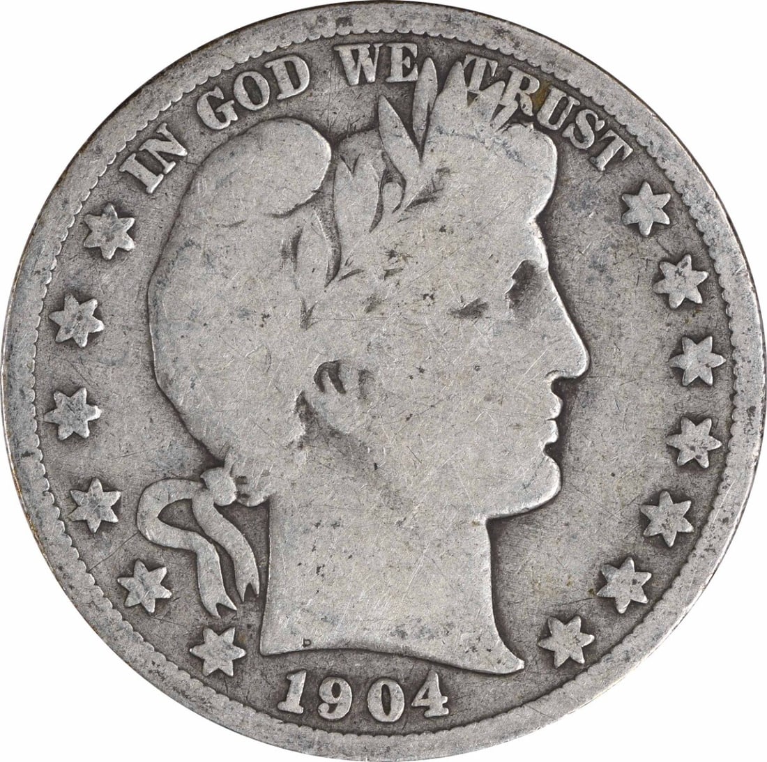 1904-S Barber Silver Half Dollar 50C San Francisco Uncertified Coin: 1904-S Barber Silver Half Dollar 50C San Francisco Uncertified Coin This 1904-S Barber Silver Half Dollar features the classic design by Charles E. Barber. Certified as uncirculated, this coin was min