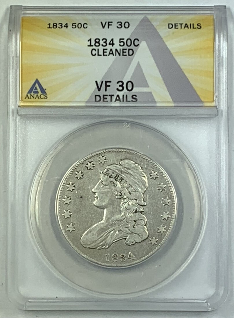 1834 United States 50C Bust Half Dollar ANACS VF 30 Cleaned: 1834 United States 50C Bust Half Dollar ANACS VF 30 Cleaned This 1834 Bust Half Dollar is graded VF 30 Details by ANACS and noted as having been cleaned. It features a denomination of 50 cents and ori